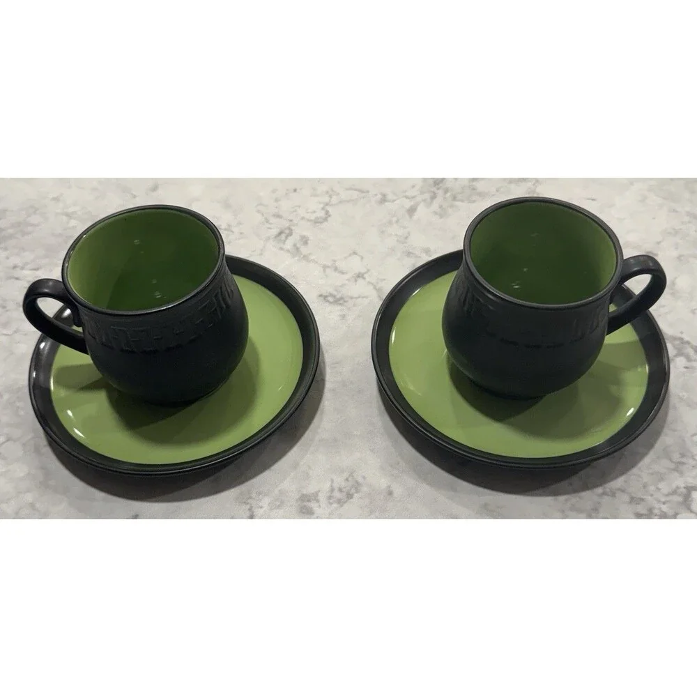 2 Vintage 1960’s Berkeley House Kyoto Cup And Saucer Sets Mugs Black Green